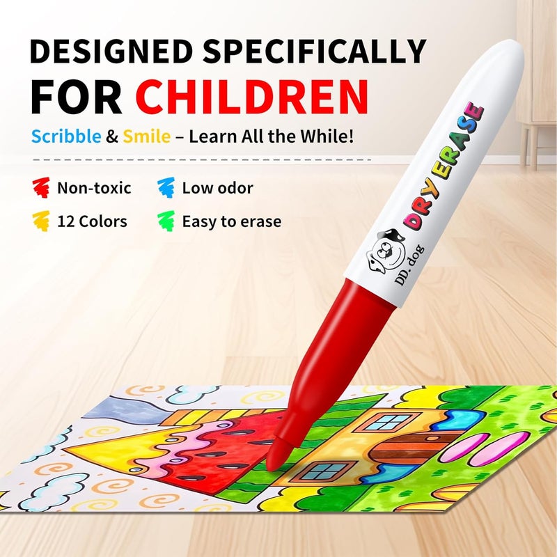 DD.DOG Mini Dry Erase Markers for Kids, Small 12 Colored Non-Toxic Fine Tip White board Markers, Low-Odor Whiteboard Markers Set for Classroom, Home & School Art Supplies (12 Pack) - Image 3